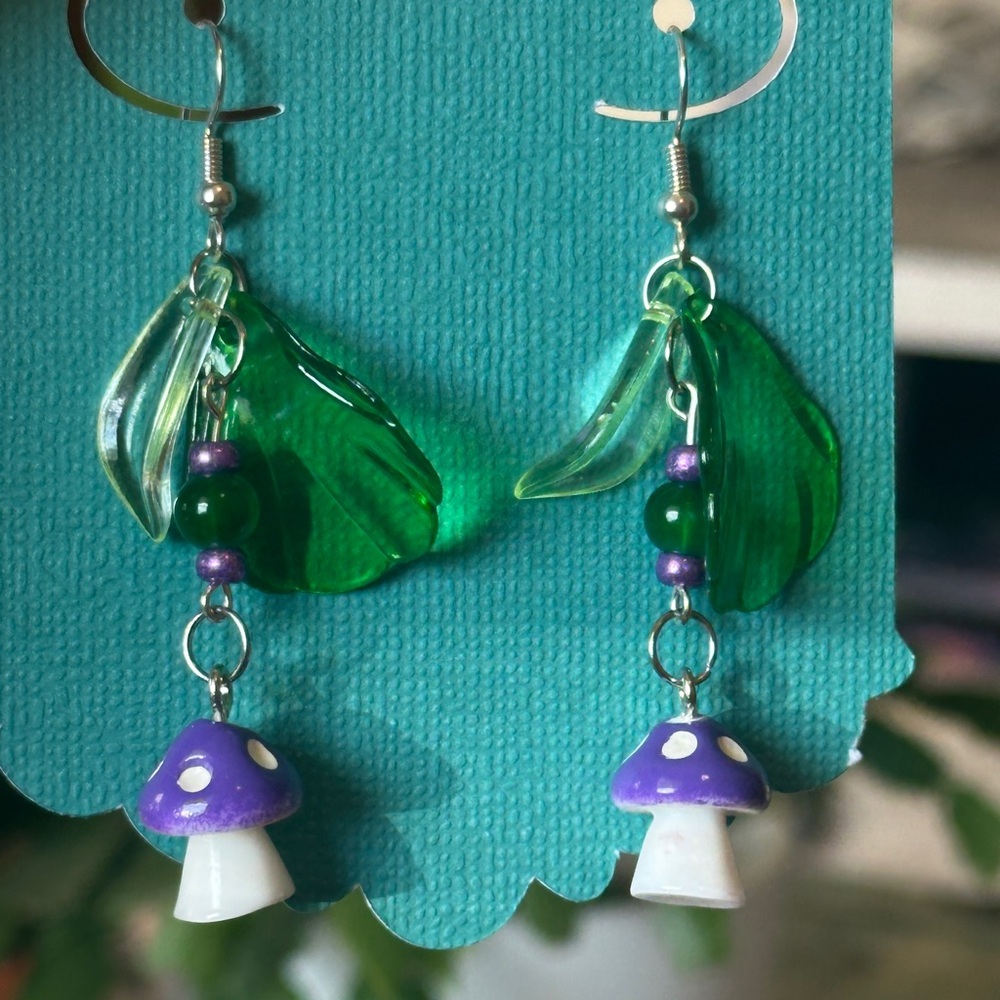 Green and Purple Mushroom Earrings
